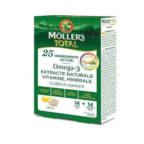 Moller's Total Омега 3 мастни киселини + витамини и женшен за енергия и баланс х14 капсули + 14 филмирани таблетки | Orkla Health AS